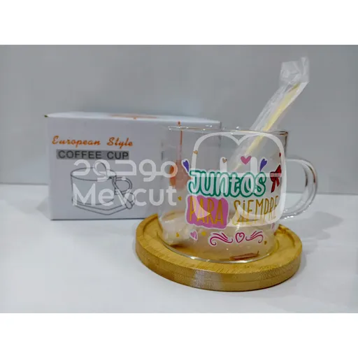 ️ كوب زجاجي شفاف – مع قاعدة خشبية وملعقة أنيقة